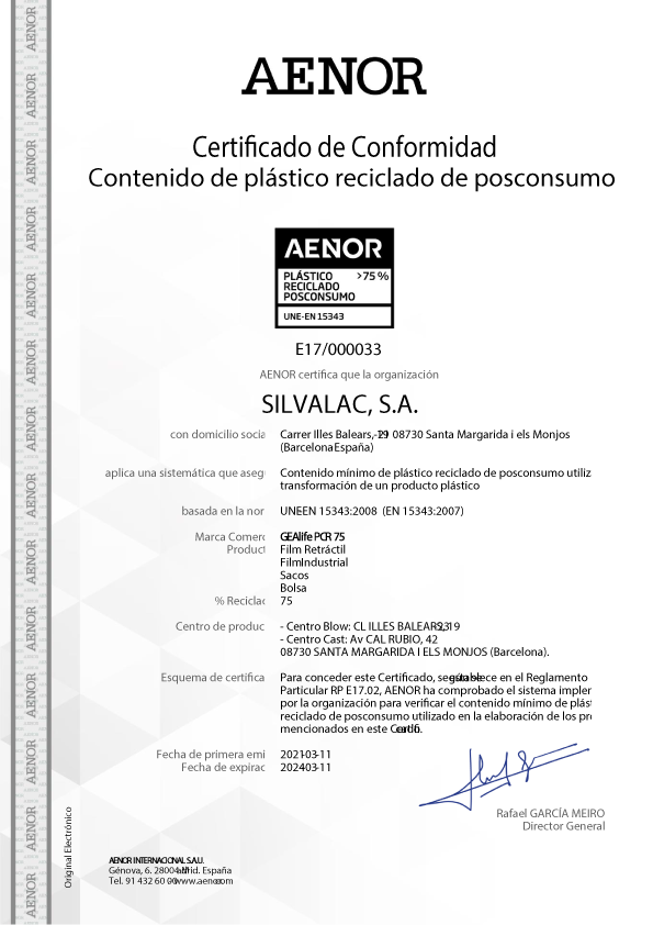 Certificado AENOR 75% PCR
